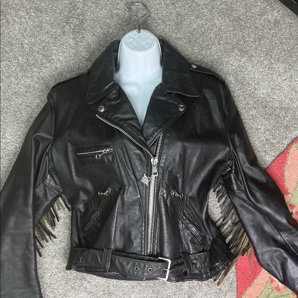 Fringed Black Leather Motorcycle Jacket Vintage Excelled Made in USA